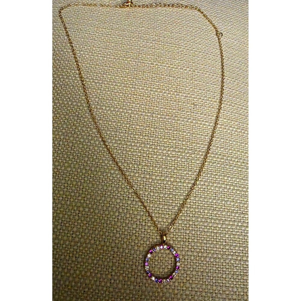 Gold Tone Crystal Rhinestone Round Circle Pendant Necklace Cable Chain Lobster